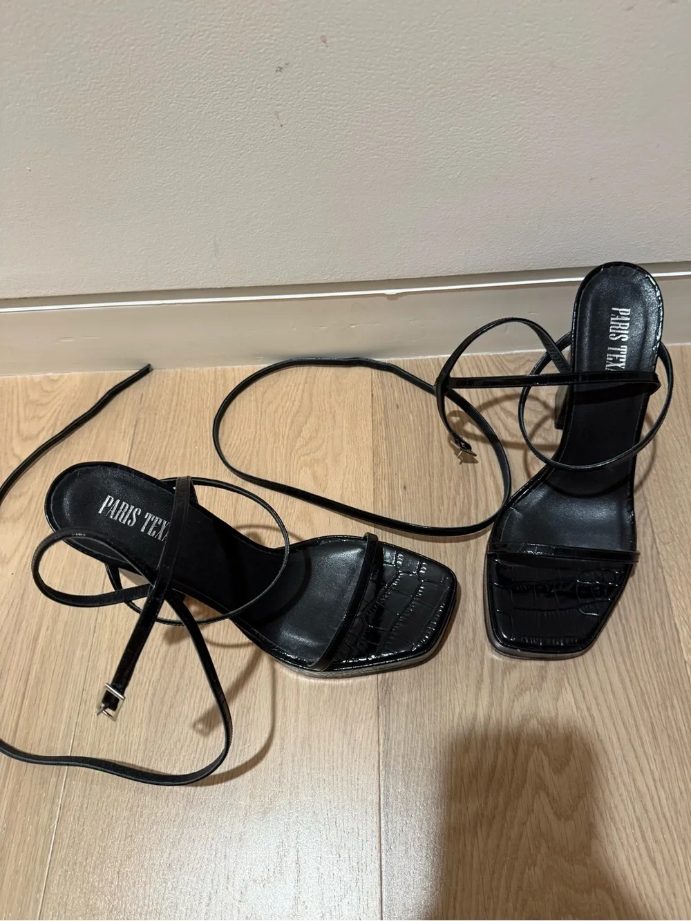 Paris Texas Black Croc-Embossed Strappy Block Heel Sandals